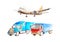 Watercolor transport concept of freight transport. Airplane and two trucks of low tonnage and multi-tonnage. On white background