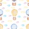 Watercolor transport seamless pattern, Air Balloon and sky print, cute hand drawn kids party pattern. Artwork for textiles,
