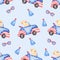 Watercolor Transport seamless pattern,  Hand drawn car, dog, flags paper. Cute domestic animal, kids party,  chihuahua dog clipart