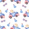 Watercolor Transport seamless pattern,  Hand drawn car, dog, flags paper. Cute domestic animal, kids party,  chihuahua dog clipart