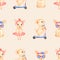 Watercolor Transport seamless pattern,  Hand drawn scooter, fashion dog. Cute domestic animal, kids party,  chihuahua dog clipart