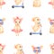 Watercolor Transport seamless pattern,  Hand drawn scooter, fashion dog. Cute domestic animal, kids party,  chihuahua dog clipart