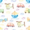 Watercolor transport seamless pattern, Hellicopter print, cute boat paper, airplane and car,  hand drawn kids party pattern.