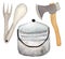 Watercolor travel collection, traveler's kitchen. Tourist cauldron, axe, fork spoon, isolated on a white background.