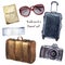 Watercolor travel set. Hand painted tourist objects set including passport, ticket, leather vintage suitcase, polka dot