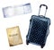 Watercolor travel, tourist objects set including passport, ticket, polka dot baggage. Hand painted illustration isolated on white