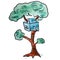 Watercolor tree house blue cartoon figure