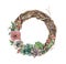 Watercolor tree wreath with cactus and ranunculus. Hand painted hypericum, anemone, succulent, red berry and eucalyptus