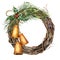 Watercolor tree wreath with Christmas bells. Hand painted tree branch with holly, mistletoe and christmass tree branch