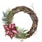 Watercolor tree wreath with Christmas decor. Hand painted tree branch with poinsettia, eucalyptus, mistletoe and