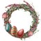 Watercolor tree wreath with easter lavender. Hand painted border with willow, tulip, eggs and tree branch with leaves