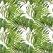Watercolor trendy tropical print. Seamless pattern with exotic green leaves. Hand painted palm leaf on white background. Botanical