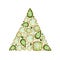 Watercolor triangle Christmas tree from green crystal with gold element on white background. Beautiful bright jewelry