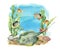 Watercolor tropic sea print. Hand painted tropic fish, seaweeds, stingray, pebbles and seashell isolated on white