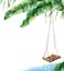 Watercolor tropical card with swing. Hand painted porch swing on banana palm isolated on white background. Tropical