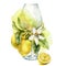 Watercolor tropical composition of lemon, glass and leaves. Hand painted card of fresh fruits isolated on white