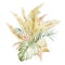 Watercolor tropical floral arragement bouquet. Luxure golden color leaves, branches and flowers in trendy boho style.