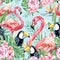 Watercolor tropical floral and flamingo seamless pattern, tropical mood, colorful exotic birdlife with floral elements leaves