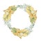 Watercolor tropical floral wreath. Golden and faded green color dried jungle leaves in trendy boho style. Bohemian elements