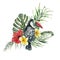 Watercolor tropical flowers bouquet and toucan. Hand painted bird, hibiscus and plumeria isolated on white background