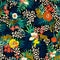 Watercolor tropical flowers pattern  with wild animals on black background. Fashionable print for fabric or paper. - illustration