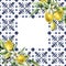 Watercolor tropical frame of ripe lemons, flowers and tiles. Hand painted fresh yellow fruits and mosaic isolated on