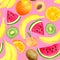 Watercolor tropical fruits seamless pattern. Hand drawn banana, kiwi slice, peach, watermelon, orange isolated on pink