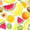 Watercolor tropical fruits seamless pattern. Hand drawn banana, kiwi slice, peach, watermelon, orange isolated on white background