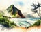 Watercolor tropical hawaiian landscape with ocean beach and mountains. Concept for National Hawaii Day. Generative AI