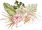 Watercolor tropical illustration with green palm leaves and blush and creamy roses. Bouquet of exotic flowers