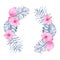 Watercolor tropical indigo floral wreath with pink calla hibiscus and leaves of indigo palm monstera