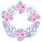 Watercolor tropical indigo floral wreath with pink hibiscus frangipani and leaves of indigo palm monstera