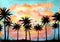 Watercolor tropical landscape with palms, ocean, orange clouds a