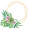 Watercolor tropical leaves and florals frame illustration, golden geometris wreath, succulents flowers composition, floral