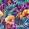 Watercolor tropical leaves and flowers seamless pattern.