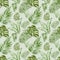 Watercolor tropical leaves and plants seamless pattern. Exotic green palm leaves, monstera leaf on light green background.