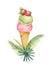 Watercolor tropical leaves and waffle cone with pistachio ice cream and fruit decorated with strawberries.