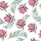 Watercolor tropical pattern. Fabric design. Exotic flower protea. Textiles print. Botanical illustration.