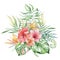 Watercolor tropical plants bouquet. Exotic flowers and leaves,