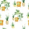 Watercolor tropical plants in pots seamless pattern. House plant jungle summer and home decor. Floral, palm tree, monstera