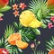 Watercolor tropical seamless pattern. Ananas, orange, mango fruits. Exotic fruits and palm leaves on dark grey