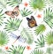 Watercolor tropical seamless pattern. Colourful butterflies, dragonflies and palm leaves isolated on white. Botanical