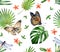 Watercolor tropical seamless pattern. Monarch butterflies, dragonflies and monstera leaves isolated on white. Small