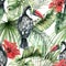 Watercolor tropical seamless pattern with toucans and hibiscus. Hand painted birds, flowers and jungle palm leaves