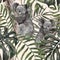 Watercolor tropical summer jungle pattern with hand painted cute koala bear, monstera and palm leaves on pink background.