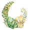 Watercolor tropical wreath with green and gold monstera, banana and palm leaves illustration