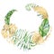 Watercolor tropical wreath with green and gold monstera, banana and palm leaves illustration