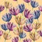 Watercolor tulip heads. Pink, yellow and blue flowers. Retro style seamless pattern. Pattern for textile or paper print, cards and