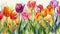 Watercolor Tulips in Pastel Hues. A soft watercolor painting of tulips in delicate pastel shades