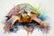 watercolor Turtle illustration with splash watercolor textured background